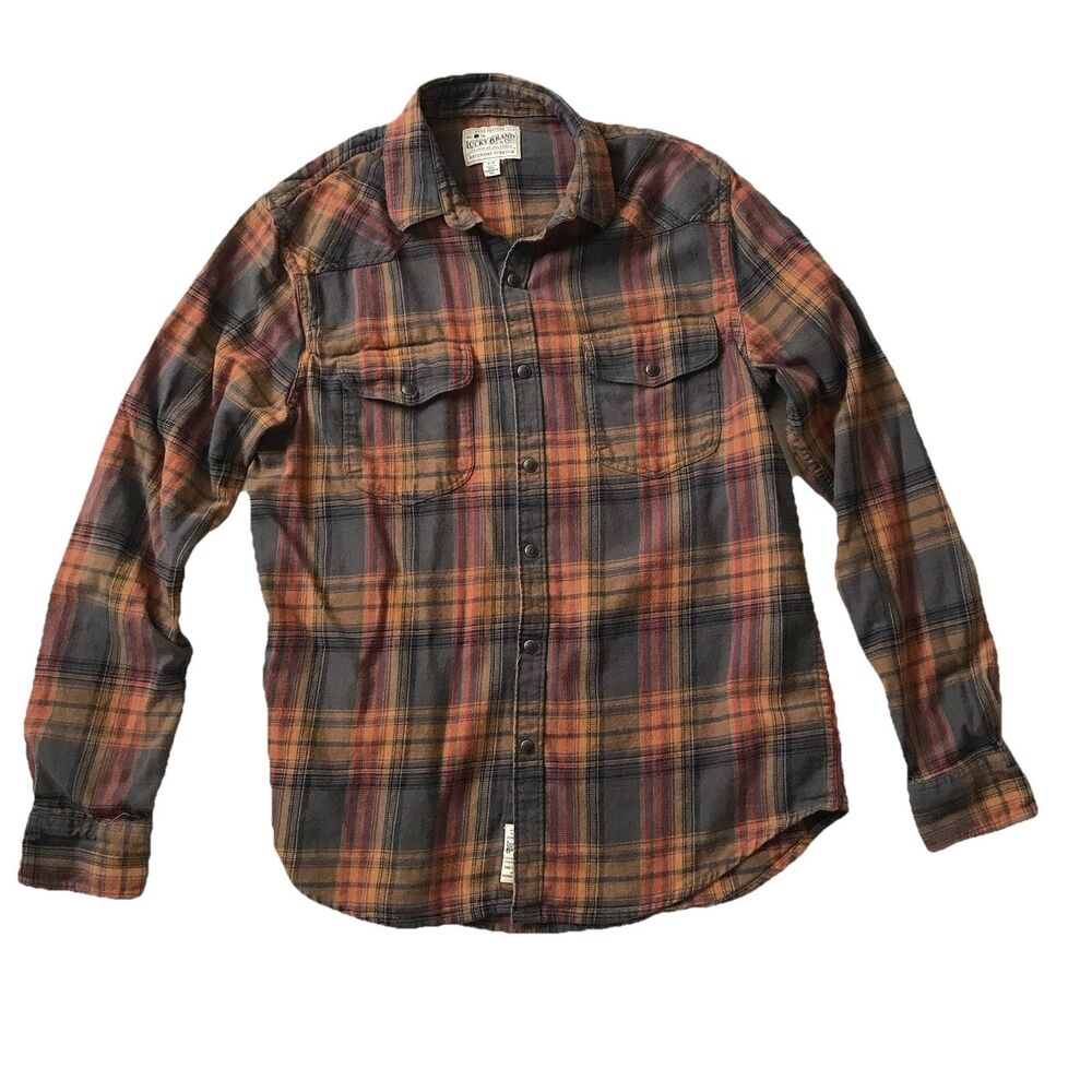 LUCKY BRAND Camel Gray Red Plaid Snap Front Long Sleeve Flannel Shirt Women’s S